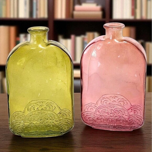 Vidrios De Levante Recycled Glass Bottles Pink & Green Embossed Spain MCM Decor - Picture 1 of 10